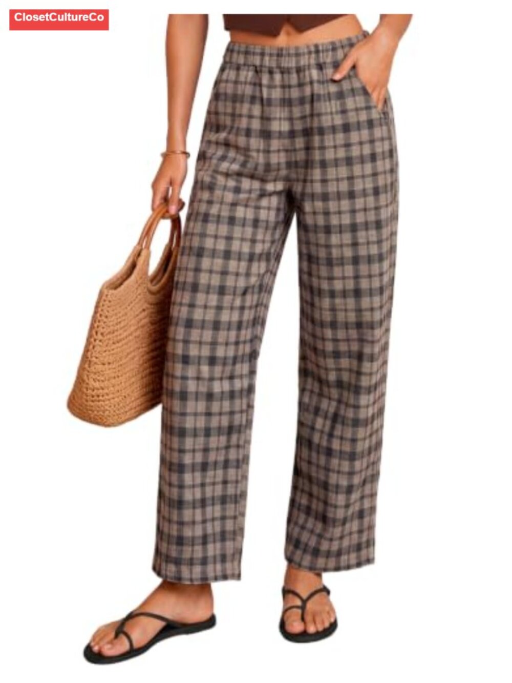 High Elastic Waist Plaid Wide Leg Pants Pull On Work Slacks
